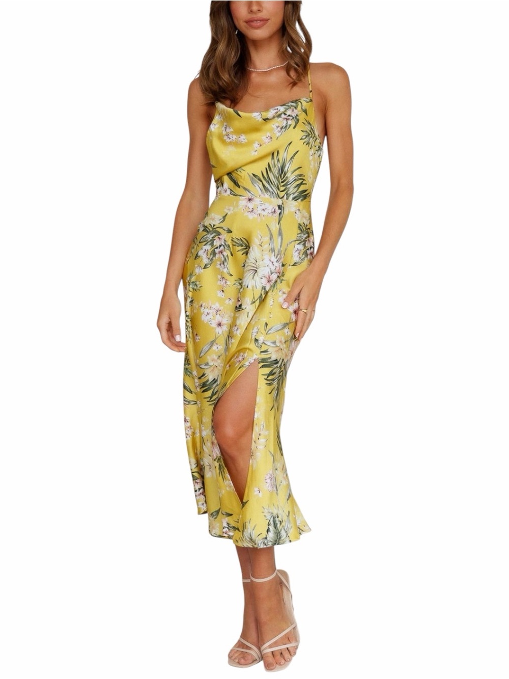 Here Comes The Sun Yellow Floral Print Midi Dress Size 6 Cowl Neck Chic Slit